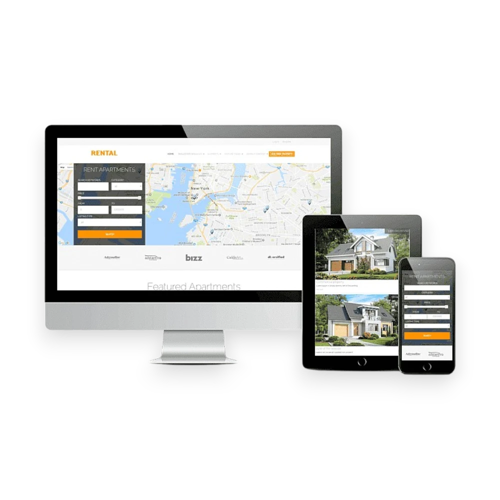 Property listings page from a Real Estate WordPress Website showing property images, prices, and filters.