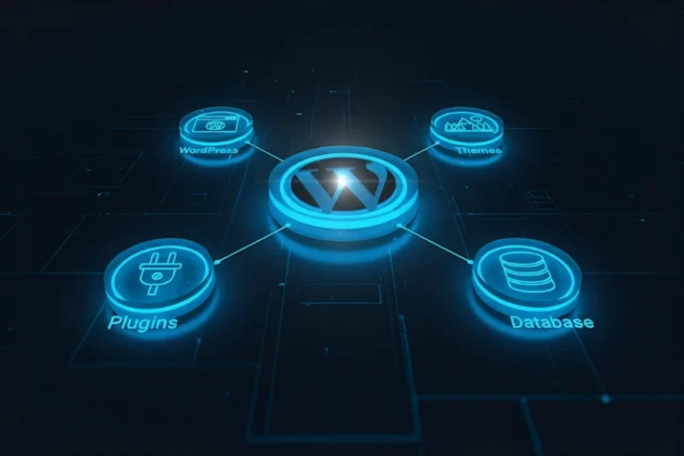 how WordPress works with plugins, themes, and database