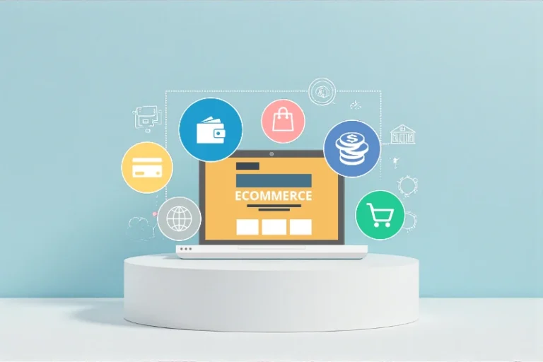 WordPress ecommerce illustration showing online store icons around a laptop.