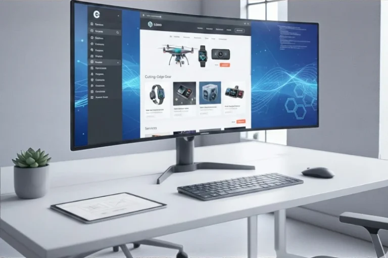 Professional web development services showing WordPress, Elementor and WooCommerce design on a modern workspace screen.