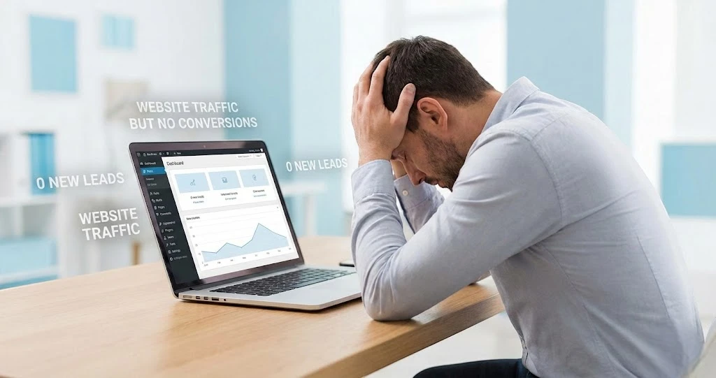 Business owner checking why is my website not generating leads in a WordPress analytics dashboard
